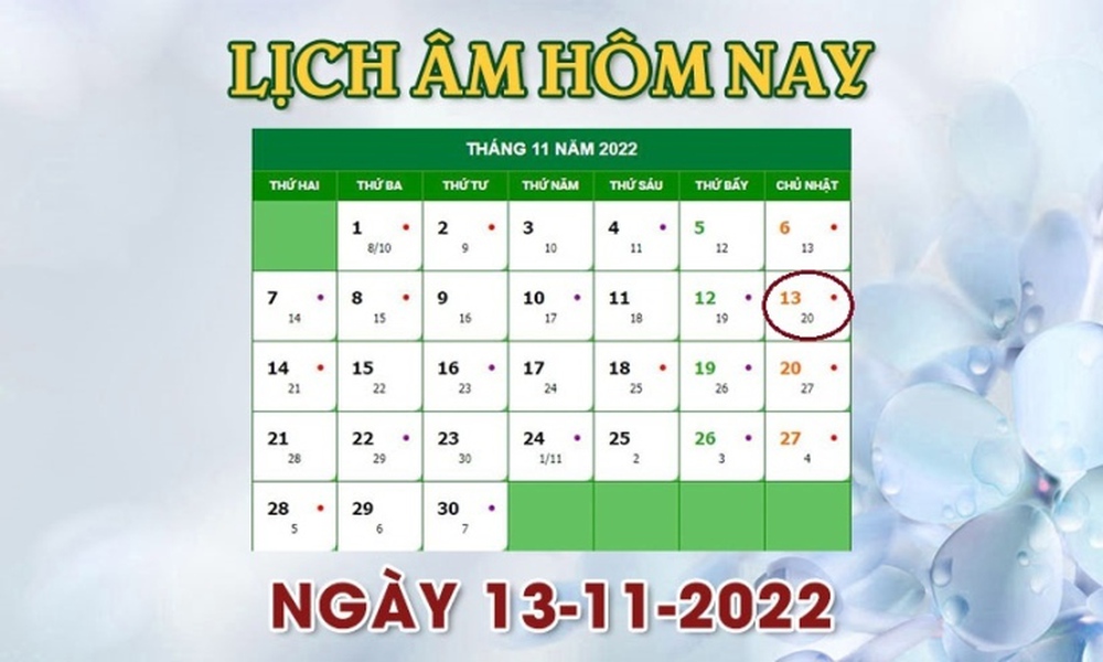 Lịch âm 13/11 - tra cứu lịch âm hôm nay Chủ nhật ngày 13/11/2022 - Ảnh 1.