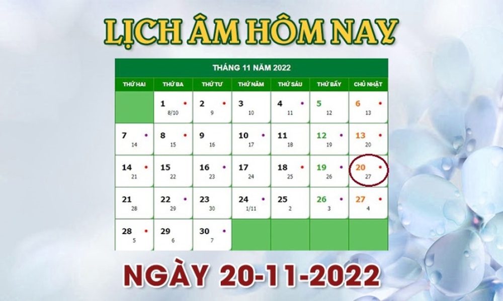 Lịch âm 20/11 - Tra cứu lịch âm hôm nay Chủ nhật ngày 20/11/2022, Âm lịch hôm nay là ngày mấy? - Ảnh 1.