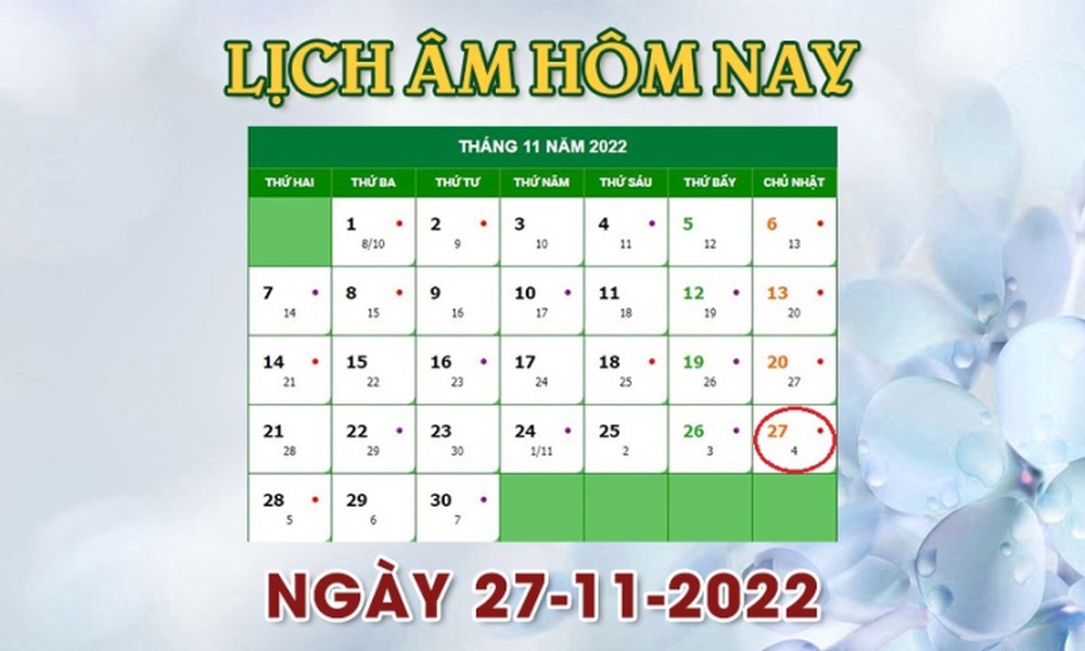 Lịch âm 27/11 - tra cứu lịch âm hôm nay Chủ nhật ngày 27/11/2022 - Ảnh 1.