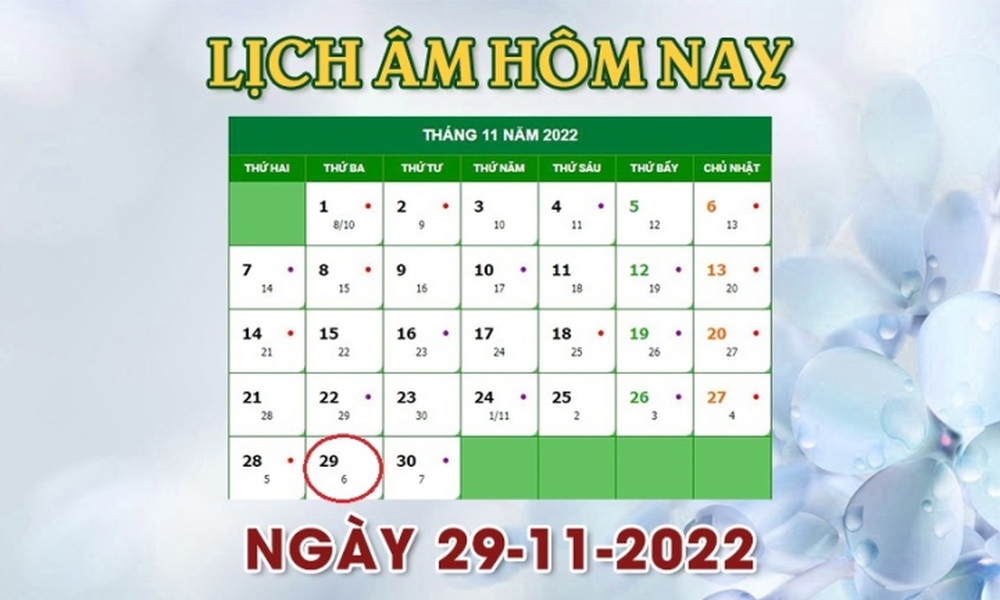 Lịch âm 29/11 - tra cứu lịch âm hôm nay thứ 3 ngày 29/11/2022 - Ảnh 1.