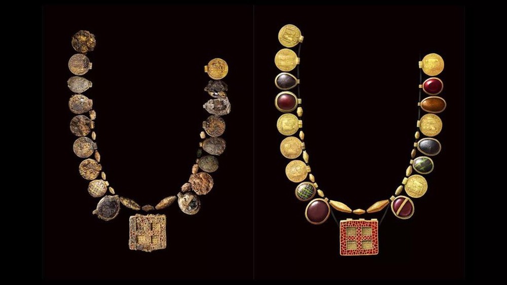 Phát hiện vòng cổ chữ thập bằng vàng và ngọc hồng lựu tinh xảo thời trung cổ - Ảnh 1.