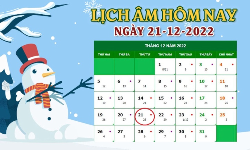 Lịch âm 21/12 - tra cứu lịch âm hôm nay thứ 4 ngày 21/12/2022 - Ảnh 1.