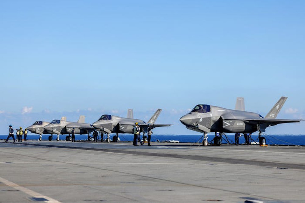Italian, British and American F-35B fighter jets aboard the British aircraft carrier HMS Queen Elizabeth in the Mediterranean Sea