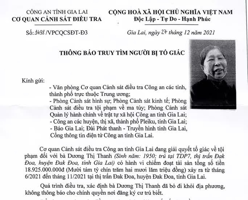 Cụ bà 72 tuổi lừa đảo 19 tỉ đồng, công an tìm bị hại - Ảnh 1.