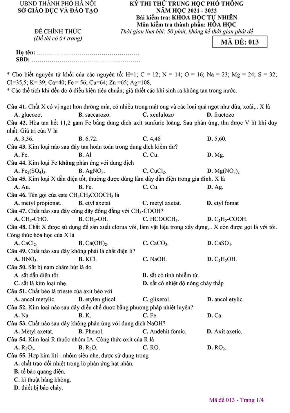 Đề thi và đáp án môn Hóa học tốt nghiệp THPT năm 2022 - Ảnh 13.
