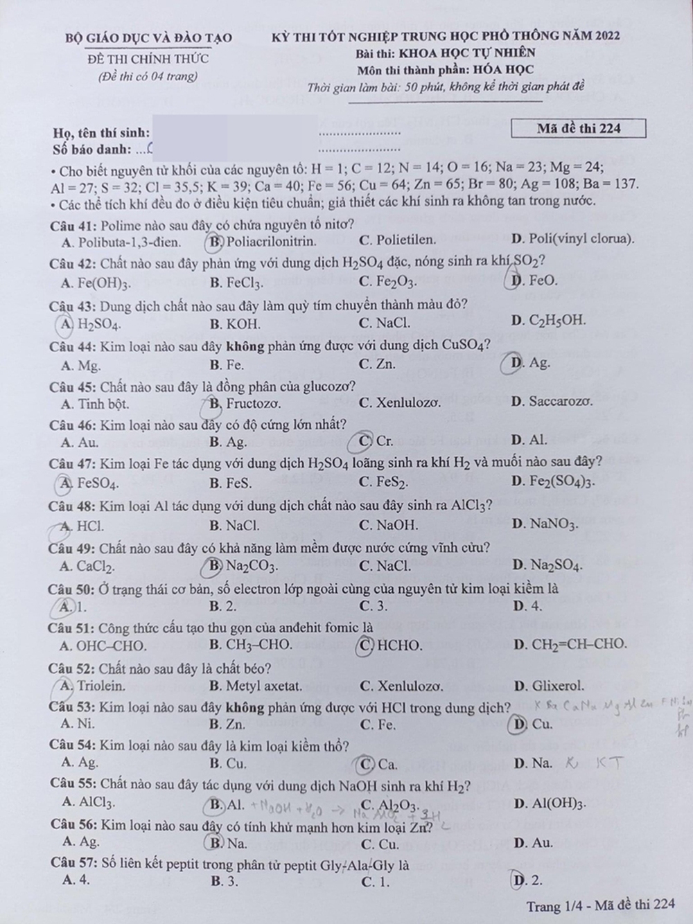 Đề thi và đáp án môn Hóa học tốt nghiệp THPT năm 2022 - Ảnh 9.