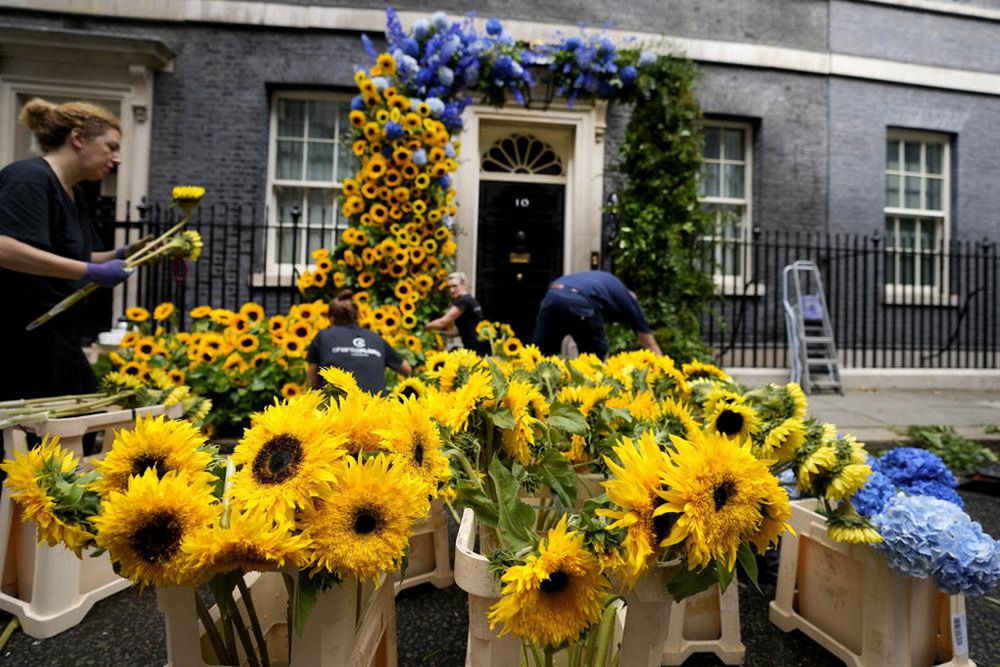 Phủ thủ tướng Anh dựng cổng hoa hướng dương để ủng hộ Ukraine - Ảnh 1.