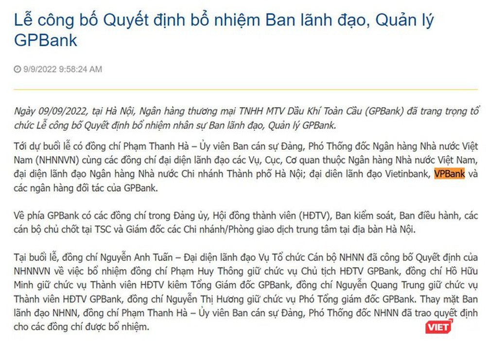 Ông Phạm Huy Thông làm Chủ tịch GPBank