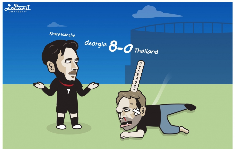 Biếm họa 24h: HLV Polking choáng váng khi ĐT Thái Lan thảm bại 0-8 trước Georgia - Ảnh 1.
