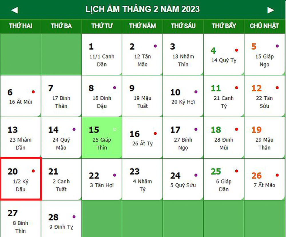 Lịch âm 20/2 – Âm lịch hôm nay 20/2 chính xác nhất - Lịch vạn niên 20/2/2023 - Ảnh 1.