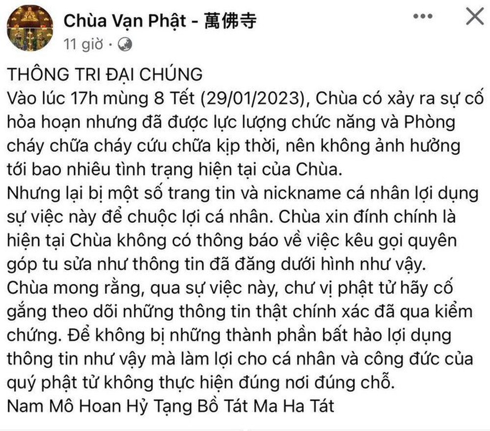 Chùa Vạn Phật lên tiếng thông tin quyên góp sau vụ cháy - Ảnh 2.