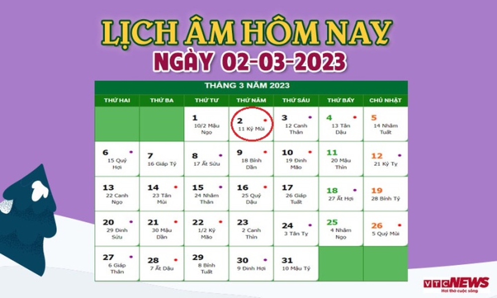 Lịch âm 2/3 - tra cứu lịch âm hôm nay thứ Năm ngày 2/3/2023 - Ảnh 1.