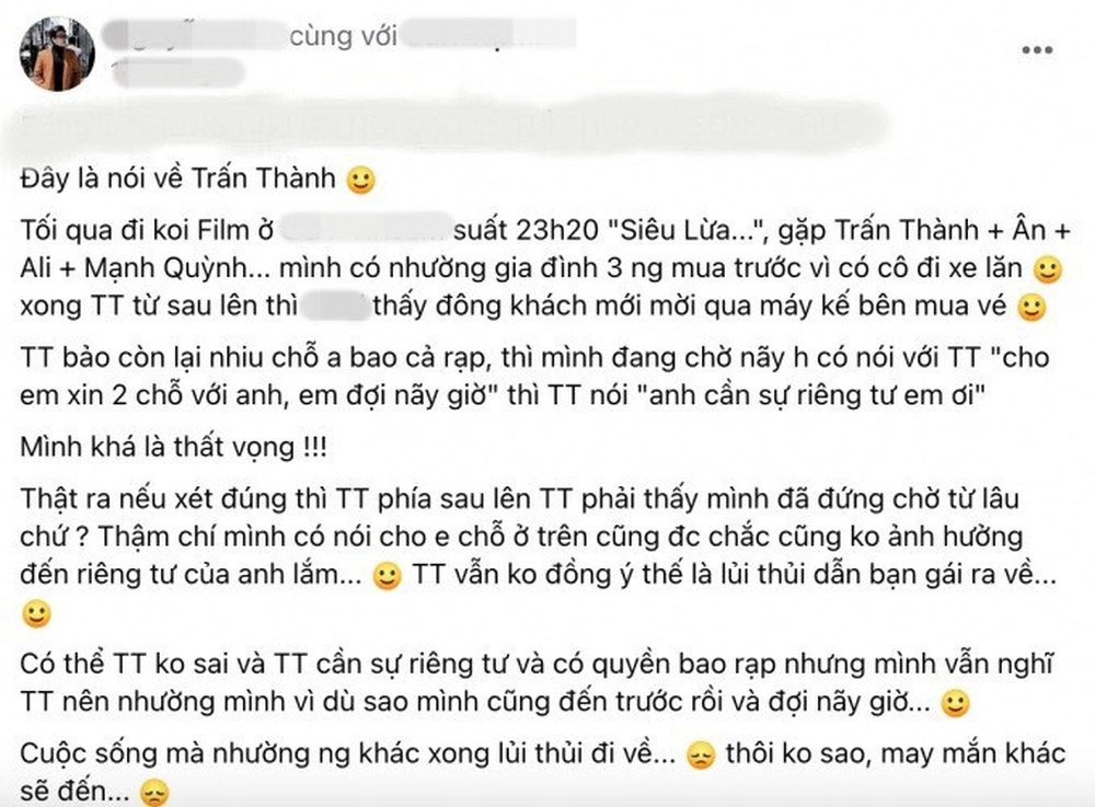 Trấn Thành bị tố có thái độ không đẹp tại rạp chiếu phim - Ảnh 1. Trấn Thành bị tố có thái độ không đẹp tại rạp chiếu phim - Ảnh 1.