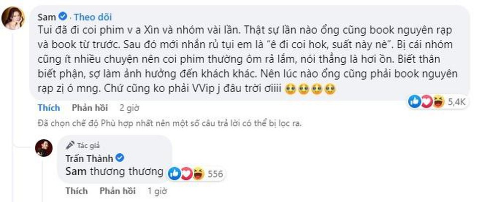 Sam chia sẻ lý do Trấn Thành đi xem phim phải bao cả rạp - Ảnh 3.