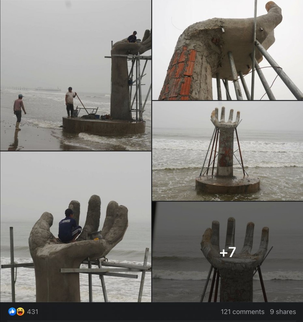 300 triệu đồng đầu tư làm 5 tượng bàn tay bằng bê tông lạc lõng trên bãi biển Thanh Hóa - Ảnh 1.