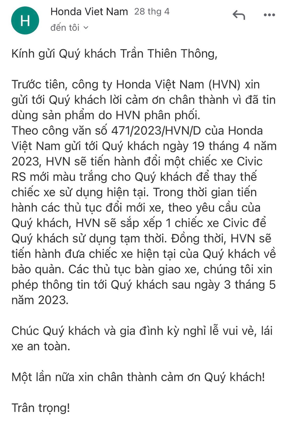 Vụ Civic bị sơn lại cửa sau rồi bán cho khách: Honda Việt Nam chịu hết chi phí đổi xe mới, đại lý phủi tay hoàn toàn - Ảnh 1.