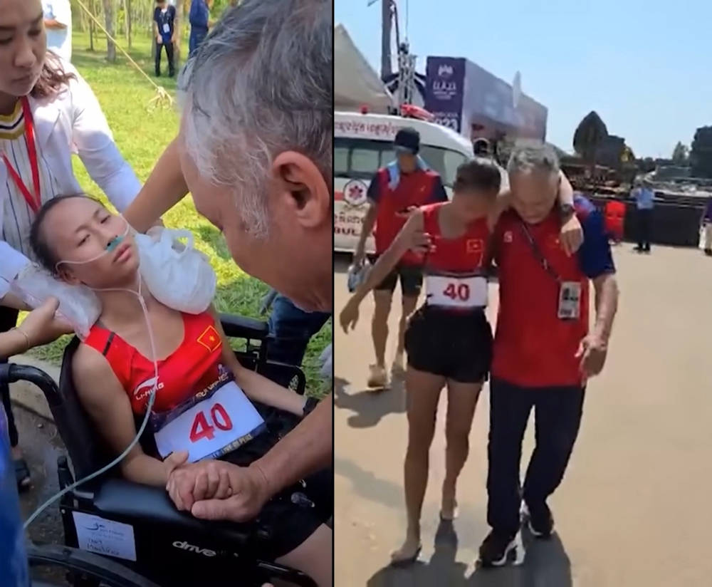 VĐV Marathon Việt Nam ngất xỉu, phải thở oxy khi về đích ở SEA Games 32 - Ảnh 2.