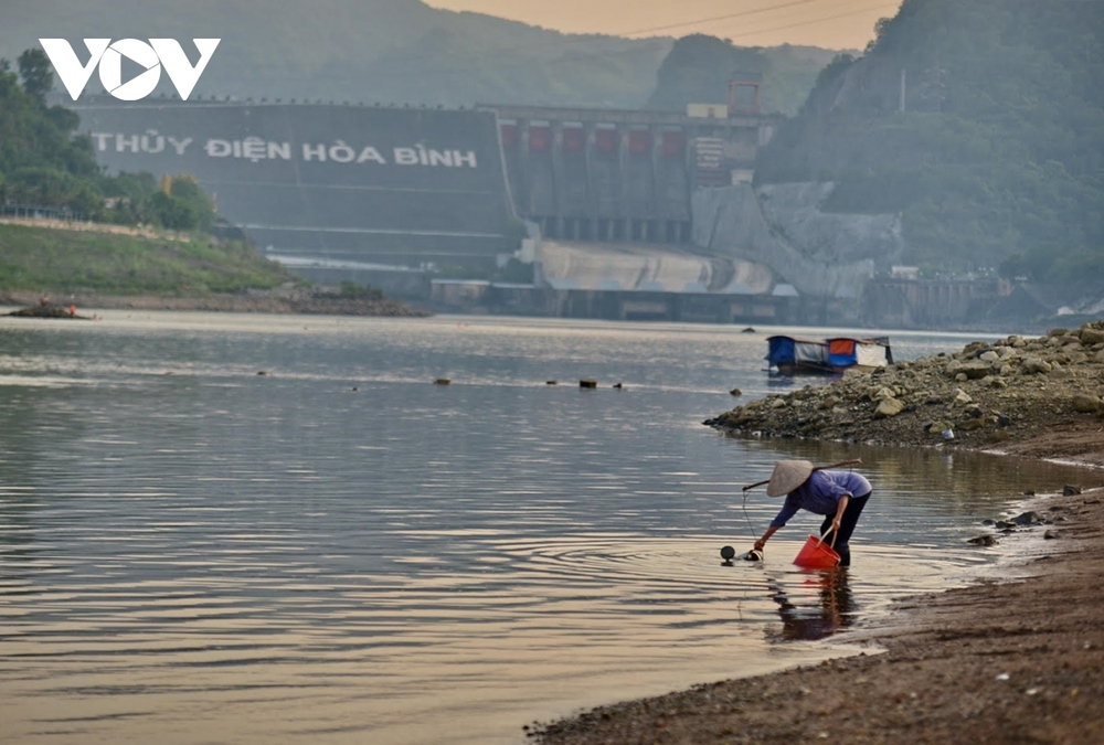 Hồ thủy điện Hòa Bình tiệm cận mực nước chết, người dân đi bắt cá dưới chân đập - Ảnh 6.