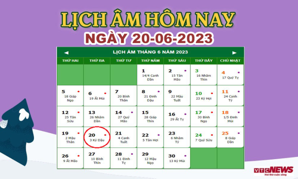 Lịch âm 20/6 – Âm lịch hôm nay 20/6 chính xác nhất - lịch vạn niên 20/6/2023 - Ảnh 1.