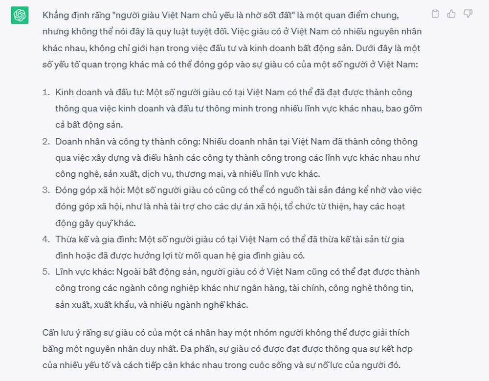 Câu hỏi muôn thuở: “Người giàu ở Việt Nam chủ yếu là nhờ sốt đất?” Chatbot AI Việt Nam và ChatGPT nói gì? - Ảnh 2.