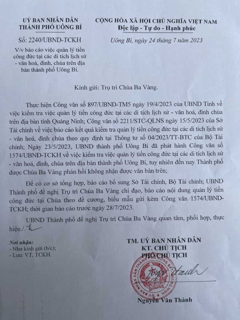 UBND TP Uông Bí đề nghị chùa Ba Vàng báo cáo bổ sung công tác quản lý tiền công đức - Ảnh 1.