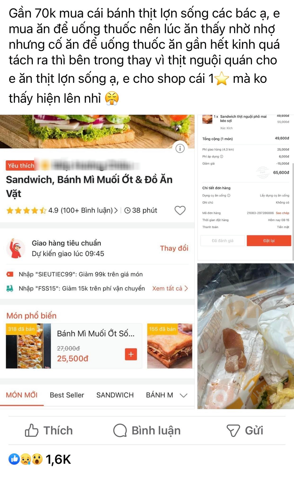 Đặt sandwich, cô gái hoảng sợ khi thấy tình trạng miếng thịt, phản hồi của chủ tiệm gây tranh cãi
