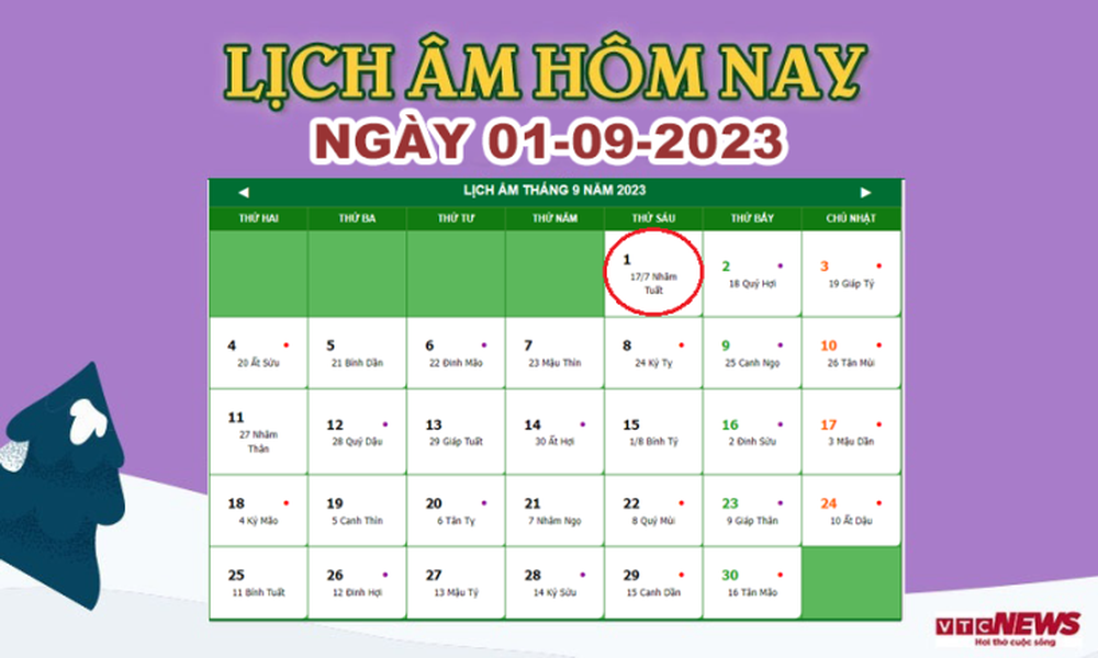 Lịch âm 1/9 – Âm lịch hôm nay 1/9 chính xác nhất - lịch vạn niên 1/9/2023 - Ảnh 1.