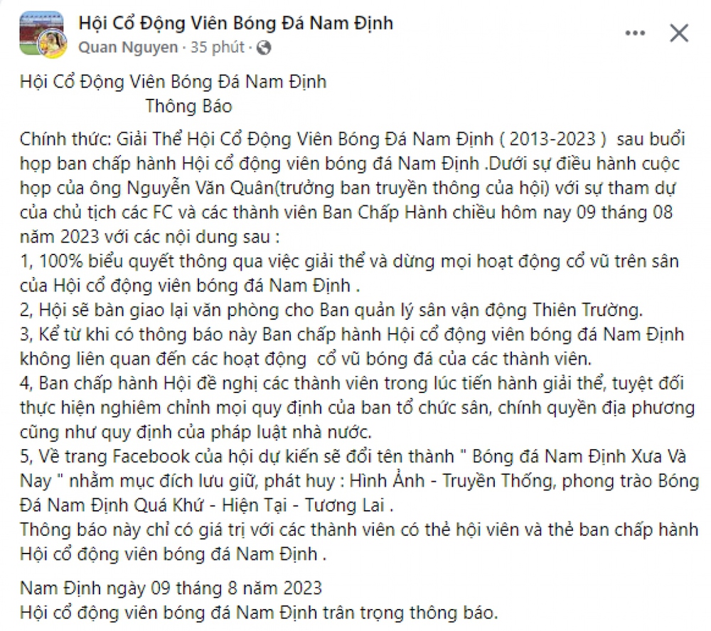 Bóng đá Nam Định có biến, hội cổ động viên chính thức giải thể - Ảnh 1.