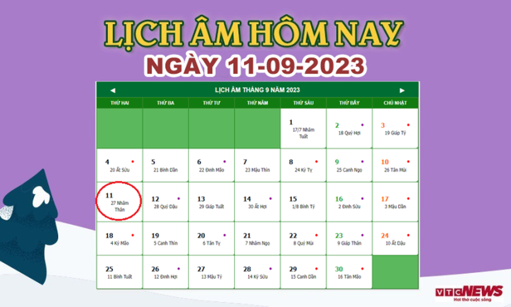 Lịch âm 11/9 - Âm lịch hôm nay 11/9 chính xác nhất - lịch vạn niên 11/9/2023 - Ảnh 1.