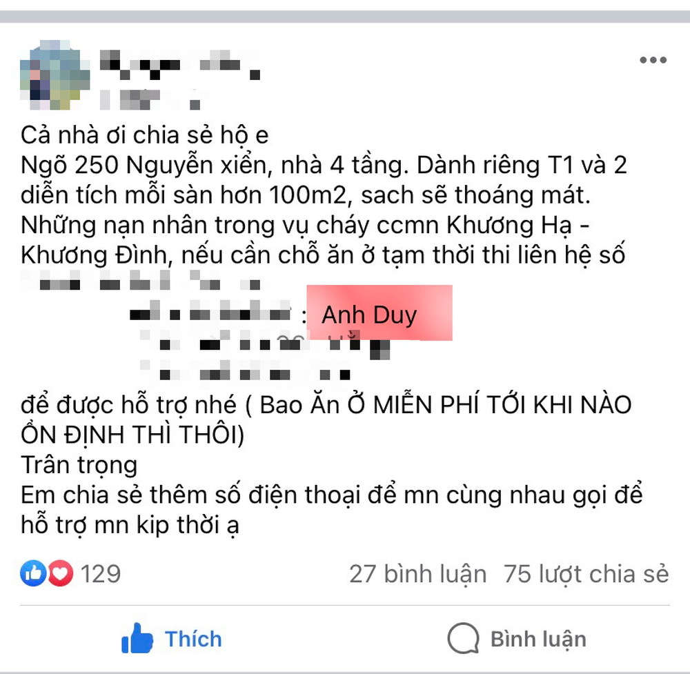 Thông tin mời nạn nhân vụ cháy chung cư mini về nhà bao ăn ở bị sao chép sai lệch, chủ nhà lên tiếng - Ảnh 1.