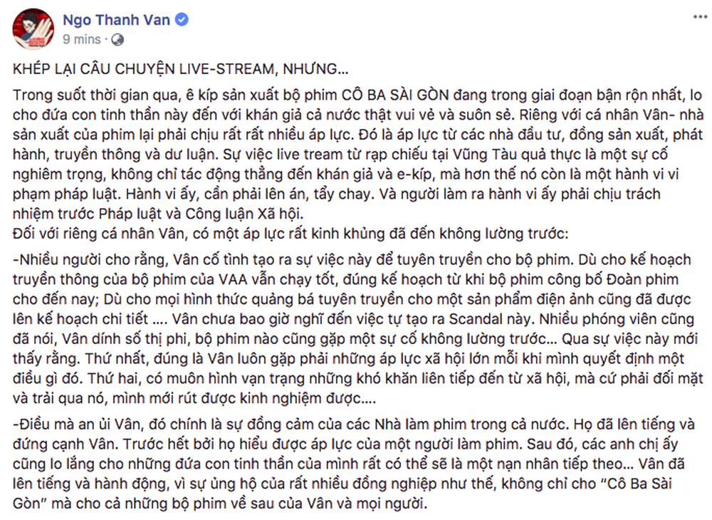 Ngô Thanh Vân công bố chấp nhận lời xin lỗi của người livestream lén phim Cô Ba Sài Gòn - Ảnh 4.