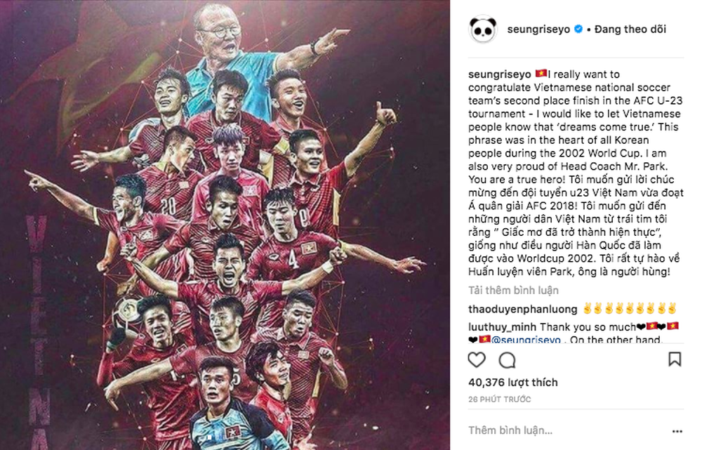 Ca sĩ nhóm nhạc đình đám Big Bang gửi lời chúc mừng đến đội tuyển U23 bằng tiếng Việt - Ảnh 1.