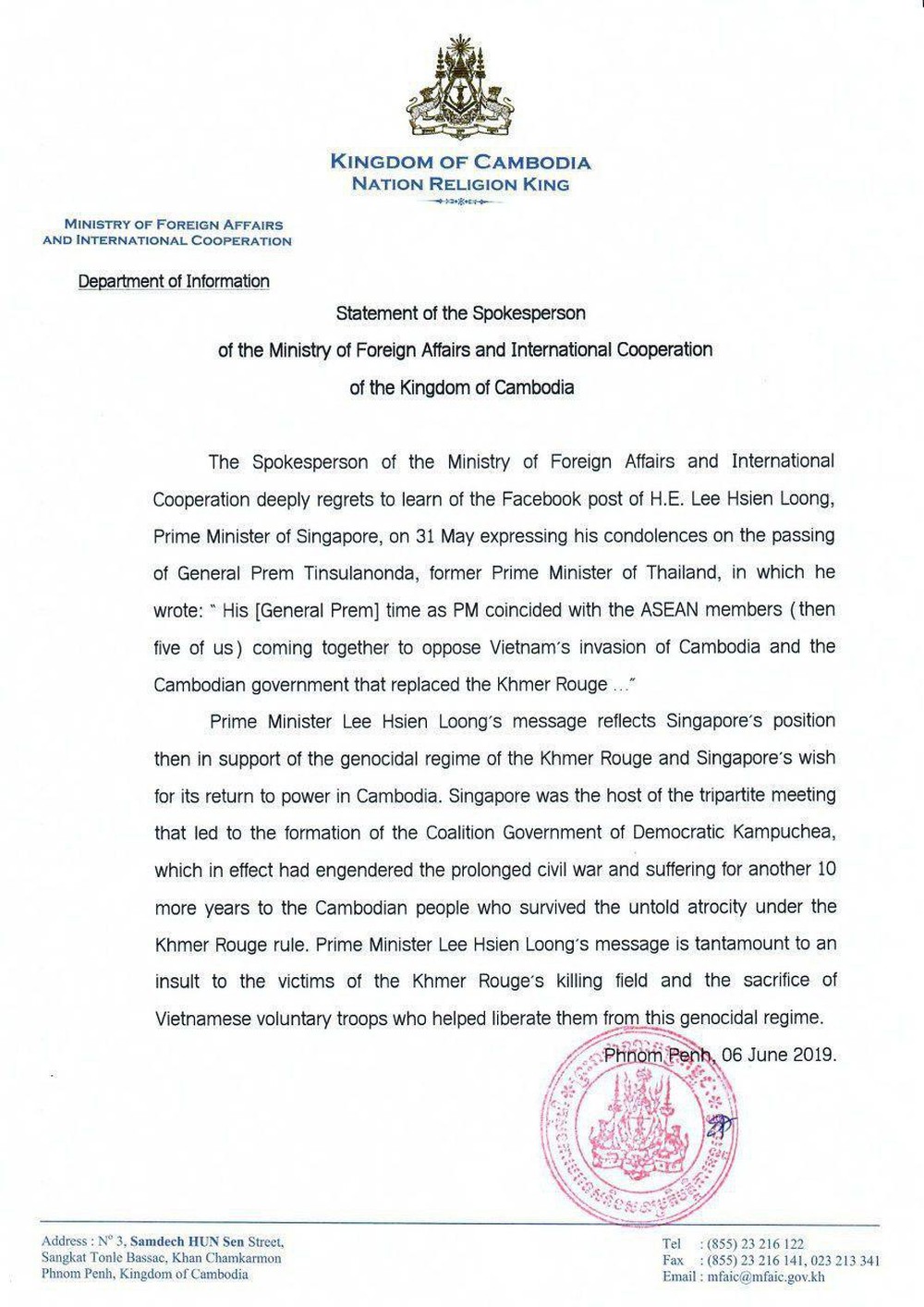 Toàn văn tuyên bố của BNG Campuchia: Phát biểu của ông Lý Hiển Long gợi lại thời kỳ Singapore ủng hộ Khmer Đỏ - Ảnh 1.