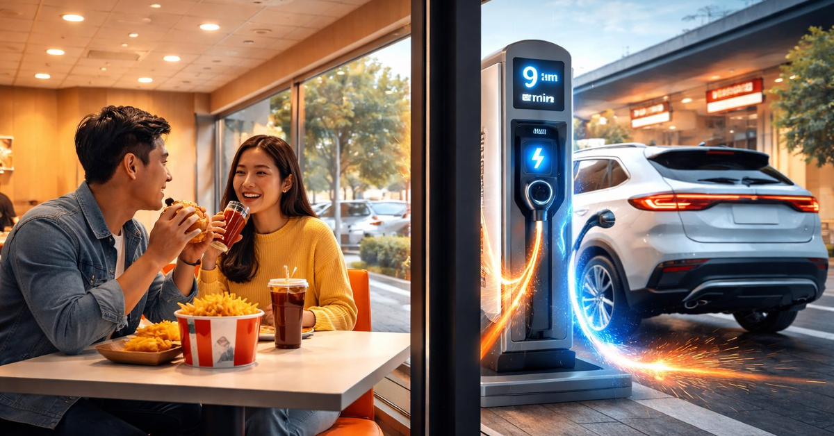 Xăng ngày càng đắt, một doanh nghiệp giúp khách vừa ăn uống, vừa sạc xe điện chỉ mất chưa đến 10 phút