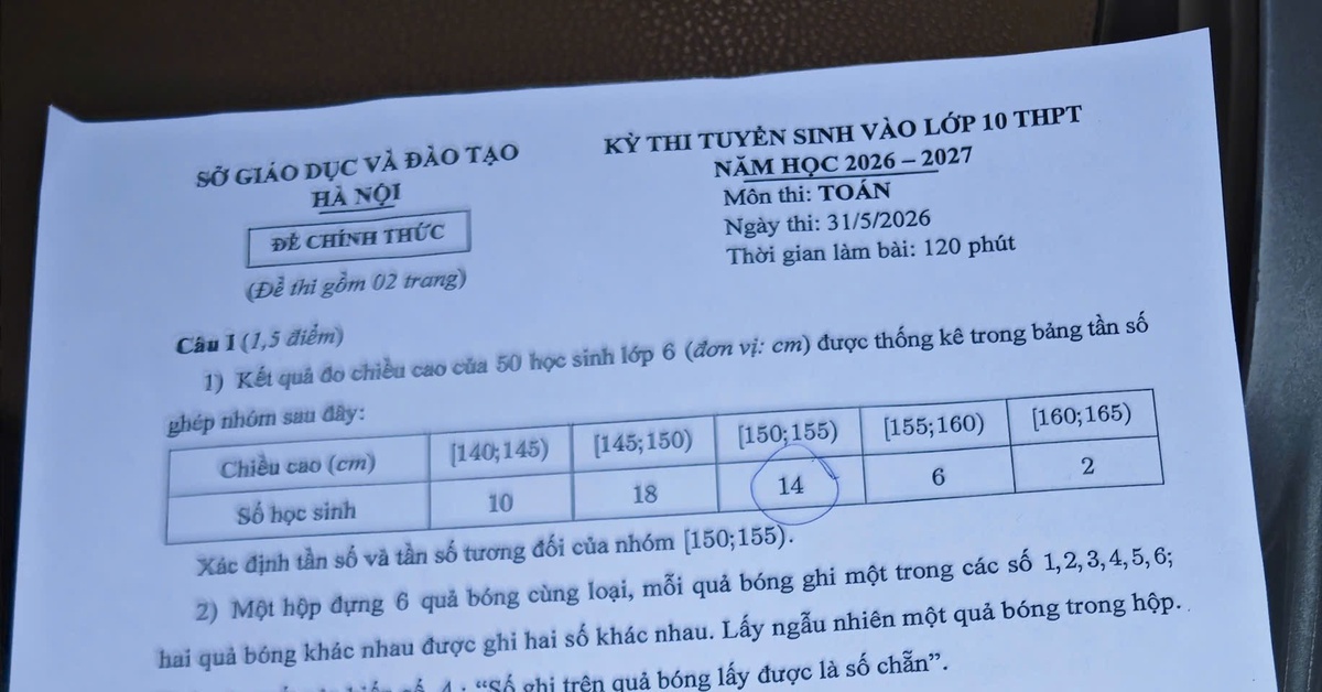 Đề thi môn Toán vào lớp 10 Hà Nội năm 2026