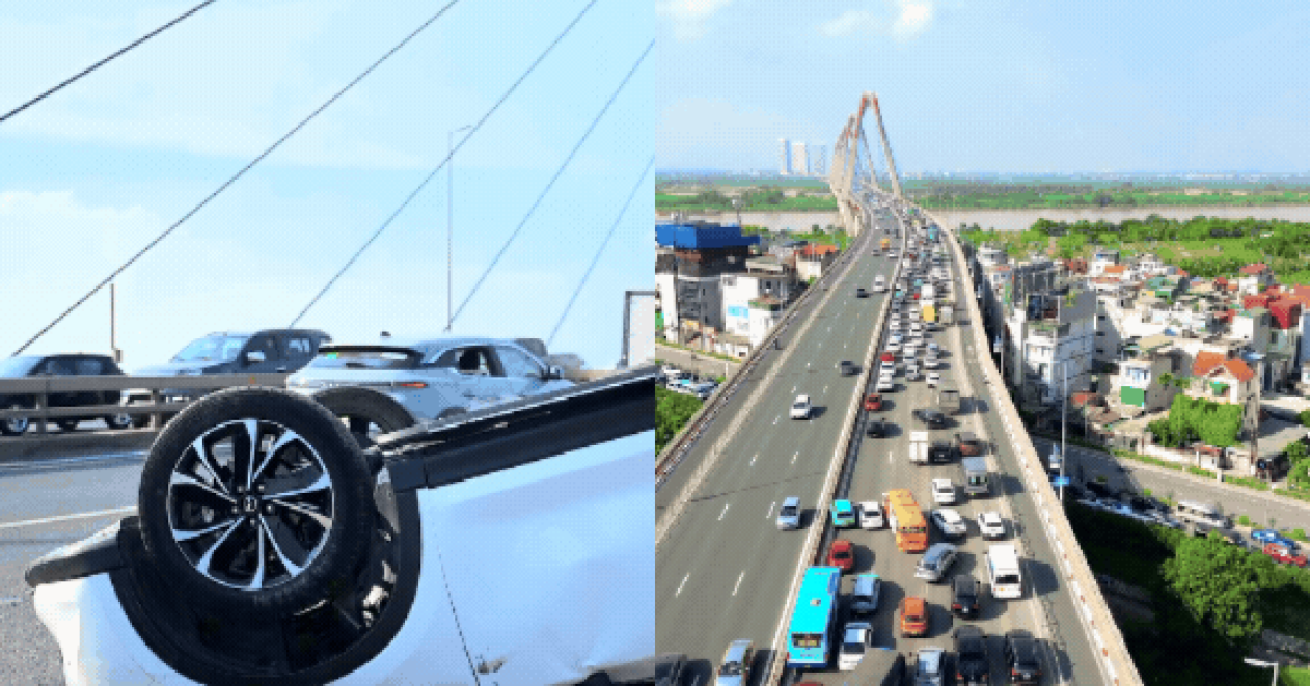 Cận cảnh hiện trường va chạm liên hoàn trên cầu Nhật Tân: Ô tô lật ngửa, giao thông ùn tắc nghiêm trọng
