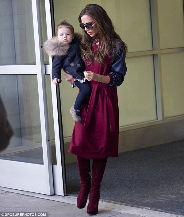 Mummy's little fashionista: Harper and mother Victoria arrives in New York, Victoria tweeted that she was en route for fashion week 