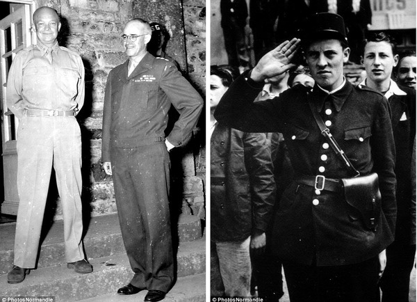 Tướng Dwight Eisenhower và Omar Bradley tại Château des Mares (trái), cảnh sát tiếp quản thị trấn Cherbourg sau khi giải phóng.