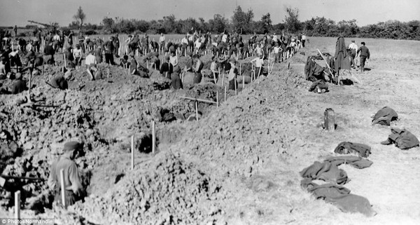 Các tù binh Đức đào huyệt để chôn các binh sĩ quân Đồng minh tử trận ở r Colleville-sur-Mer.