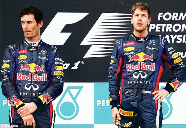 
	Mark Webber (trái) không hài lòng với Sebastian Vettel (phải)