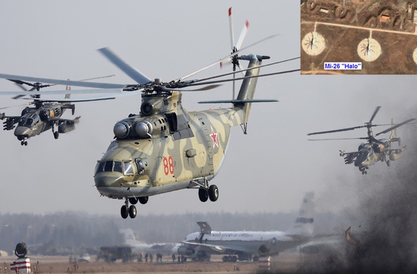 Theo hình ảnh của vệ tinh trinh sát (góc phải), Triều Tiên có thể cũng sở hữu 4 chiếc trực thăng vận tải lớn nhất thế giới Mi-26 của Nga.