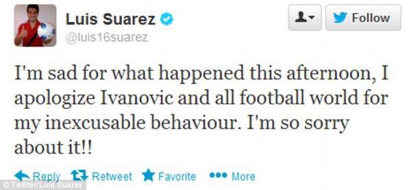 Vụ Suarez cắn Ivanovic: Thủ phạm xin lỗi