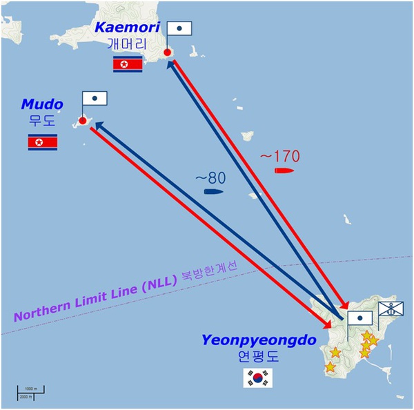 Sơ đồ cuộc pháo kích của Bắc Triều Tiên và pháo kích trả đũa của Hàn Quốc.