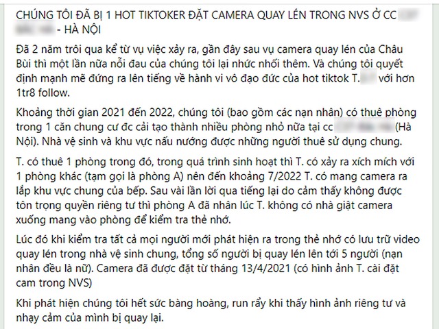 Xôn xao bài tố hot Tiktoker đặt camera quay lén trong nhà vệ sinh chung cư, có 5 nạn nhân đều là nữ- Ảnh 1.