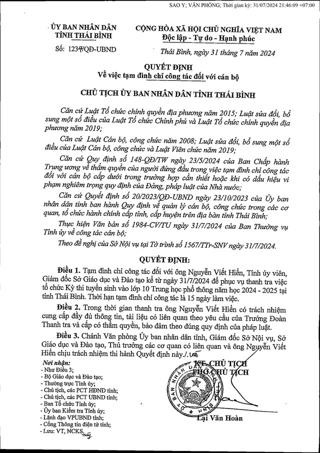 Vụ 'lùm xùm' điểm thi vào lớp 10 ở Thái Bình: Tạm đình chỉ công tác Giám đốc Sở GD-ĐT - Ảnh 1.