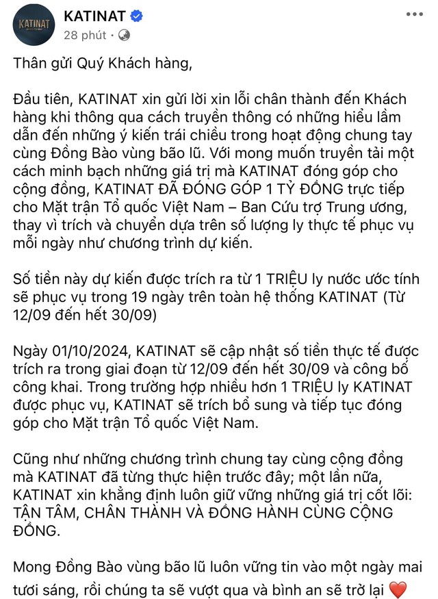 KATINAT xin lỗi, chuyển 1 tỷ đồng ủng hộ sau khi bị chỉ trích “lợi dụng đau thương để kinh doanh”  - Ảnh 2.