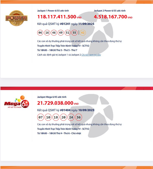 Kết quả Vietlott 11/9: Power 6/55 và Mega 6/45 tăng lên 144 tỉ đồng - Ảnh 2.