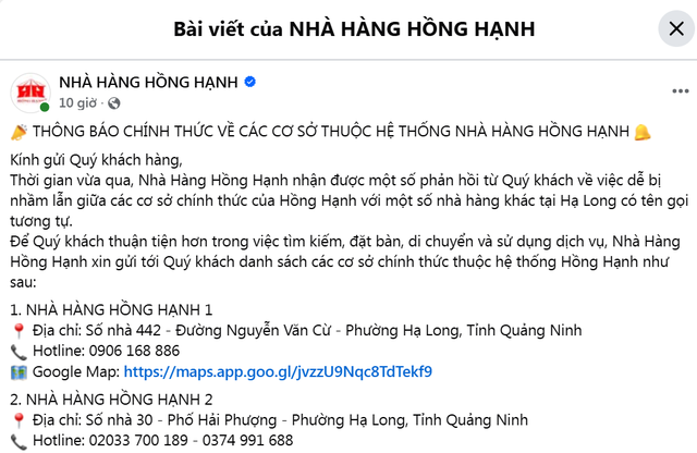 Nhà hàng Hồng Hạnh nổi tiếng Hạ Long ra thông báo quan trọng - Ảnh 1.