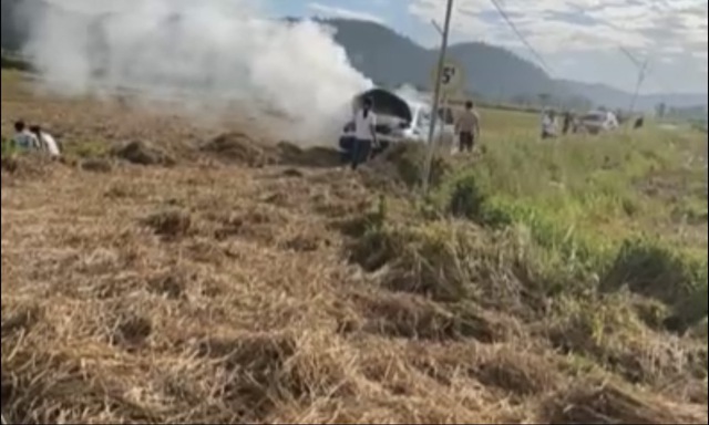 Hiện trường vụ ô tô bốc cháy khi đang đi qua con đường phơi rơm rạ ở Nghệ An - Ảnh 2.