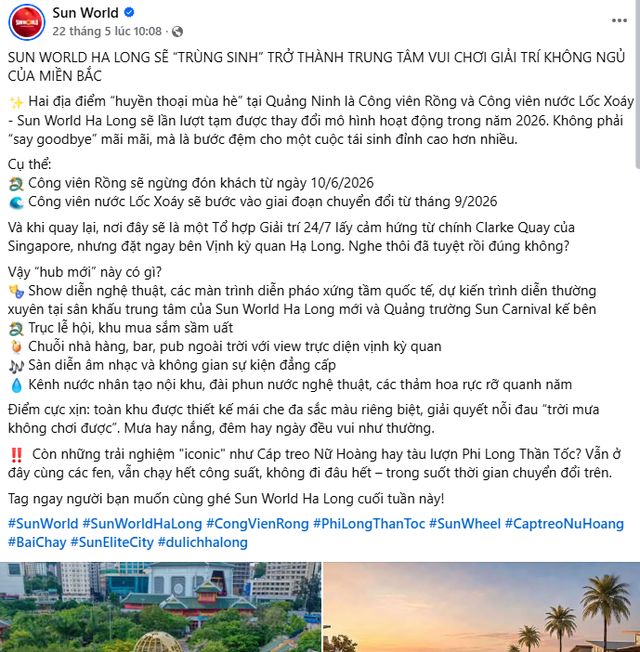 Chính thức: Sun World Hạ Long đón thay đổi lớn, 1 công viên dừng đón khách từ 10/6 - Ảnh 1.